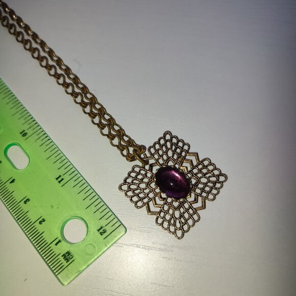 Purple Core Academia Pendant on Chain Antiquated Gold Boho Vintage Violet Charm - Picture 3 of 11